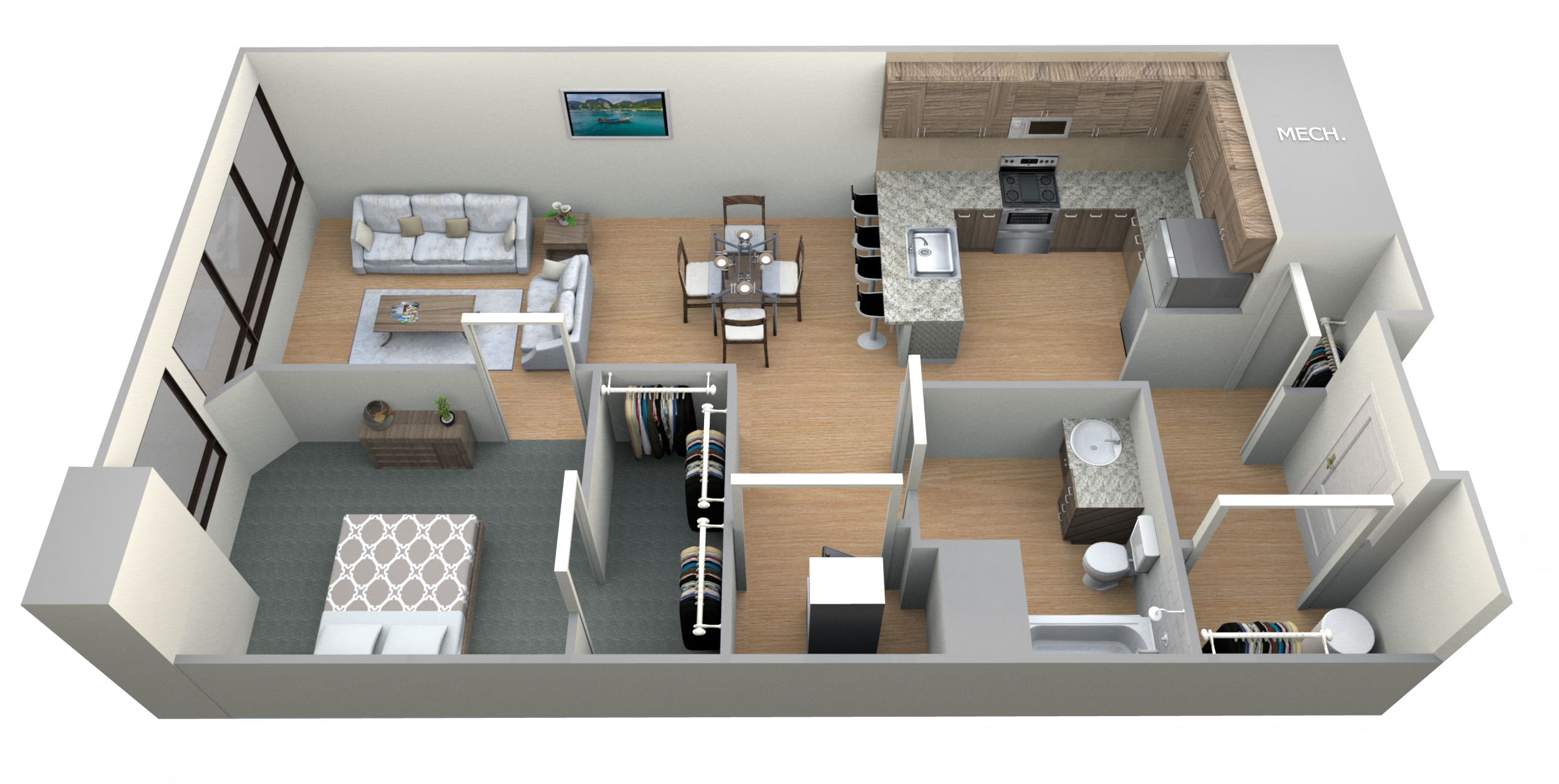 Floor plan for 1 bed, 1 bath, 753 sqft